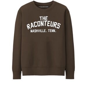 The Raconteurs Merch brown crew neck sweater with towel lettering - size M